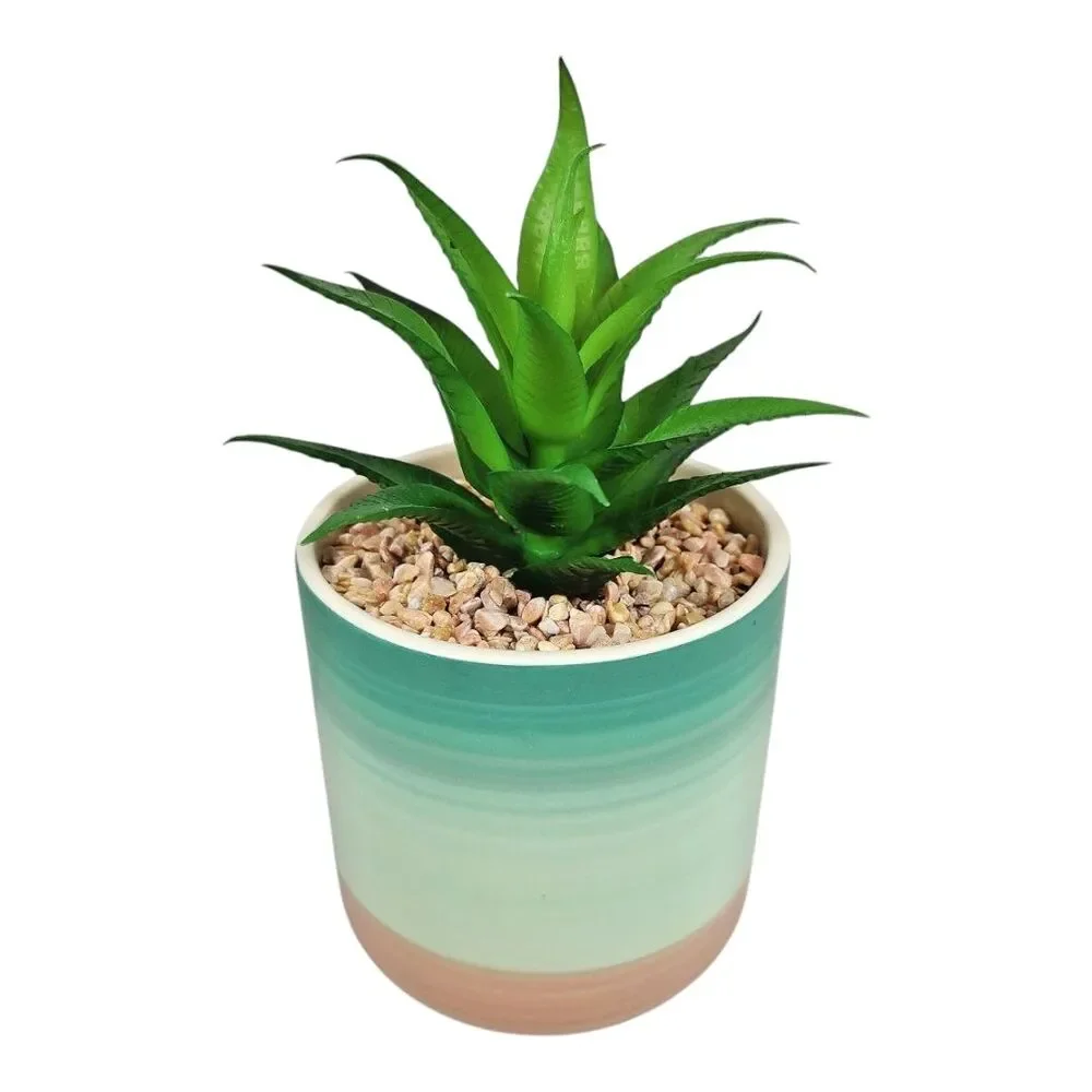 Artificial Succulent Potted Houseplant Teal Blue White Peach Tone Ceramic Rocks